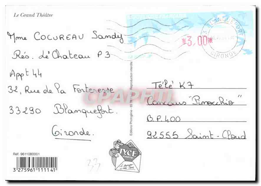 CPM Bordeaux le Grand Theatre  — Verso