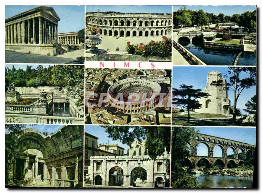 CPM Nimes Gard maison carree arenes romaines jardin de la fontaine bains romains vue aerienne des ar