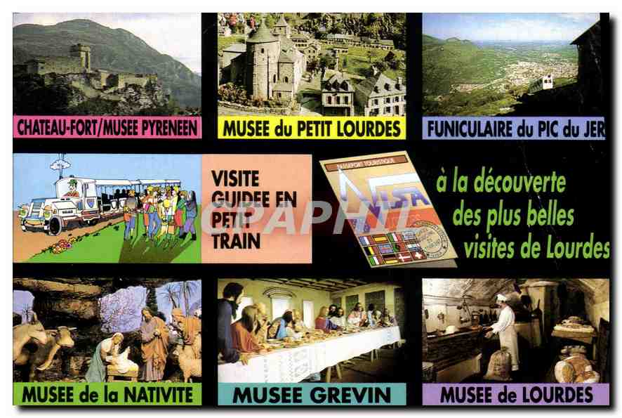 CPM Visite guidee de Lourdes en petit train Musee de Lourdes Chateau Fort Musee Pyreneen Musee de la