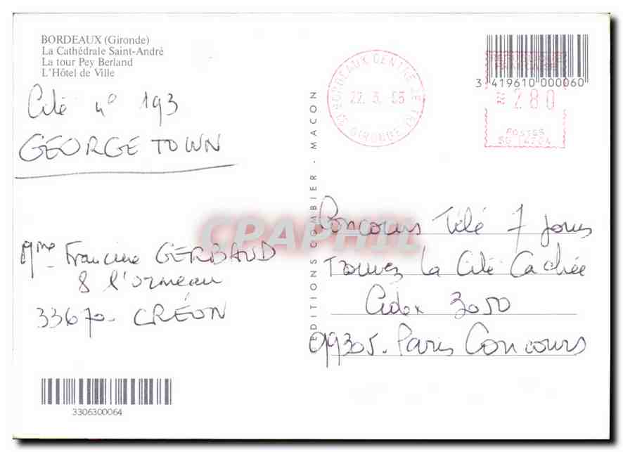 CPM Bordeaux Gironde  — Verso