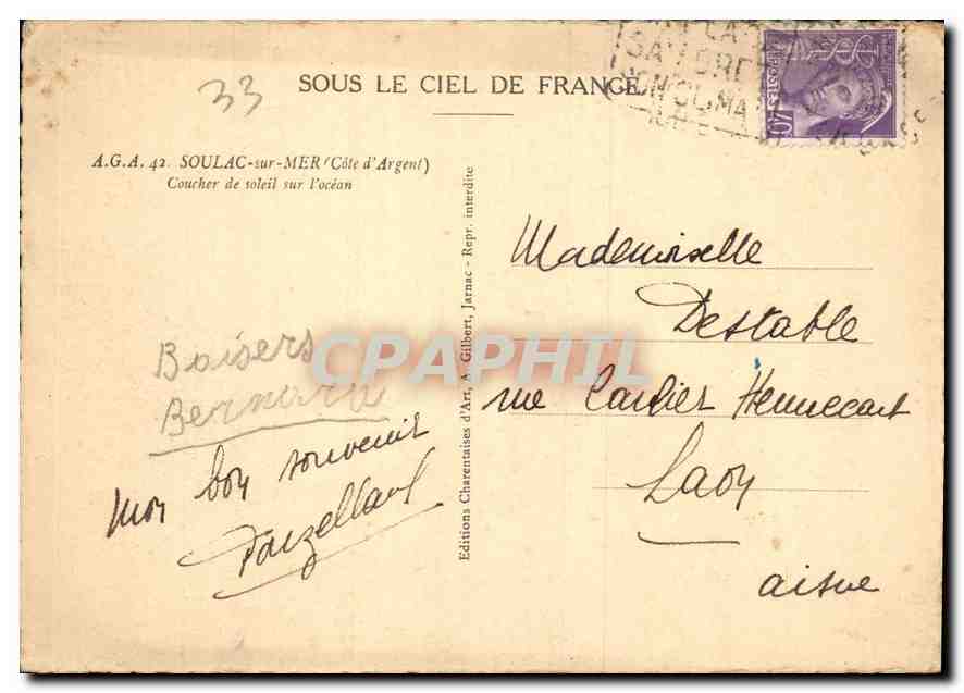 Sonnenuntergang über das Meer — Sous le Ciel de France — A.G.A. 42, SoulaC-sur-MER (Côte d'Argent) — Éditions Charentaises d'Art, A. Gilbert, Jarnac — Rückseite