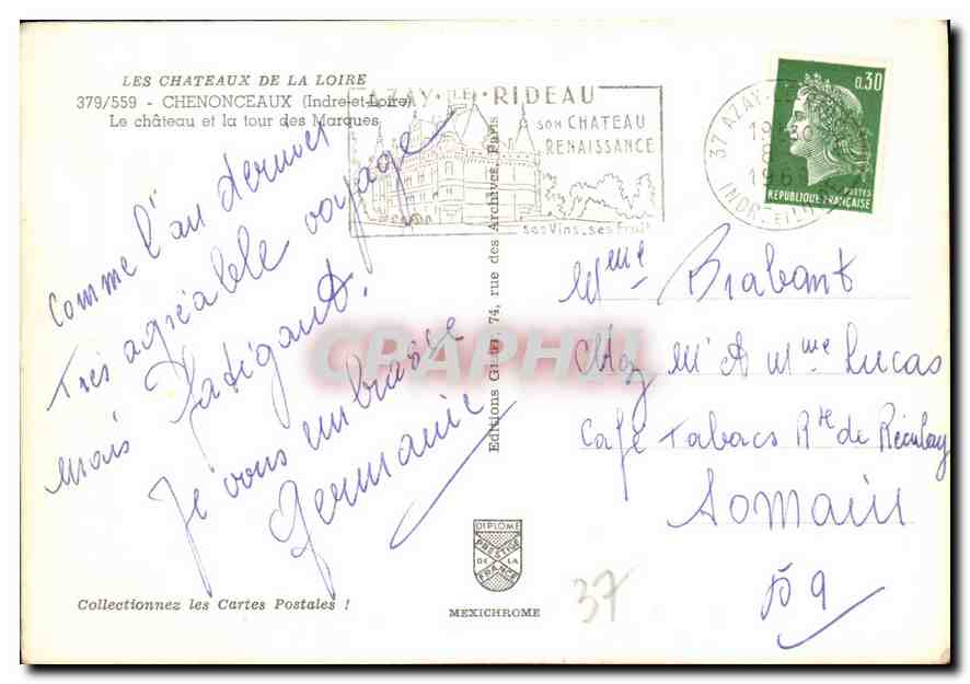CPM Chenonceaux Indre et Loire Le chateau et la tour des Marques  — Rückseite