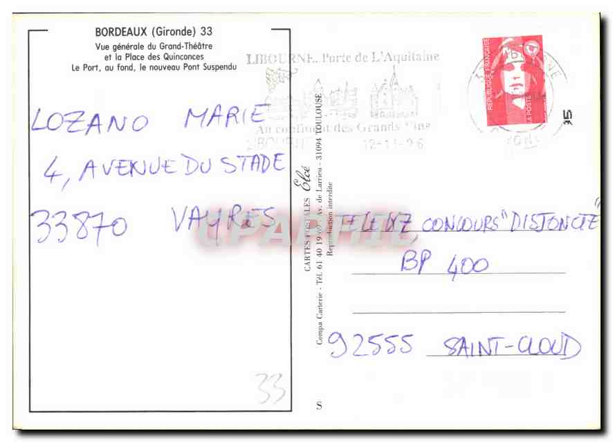 CPM Bordeaux Gironde Vue generale Du Grand Theatre et la Place des Quinconces  — Verso