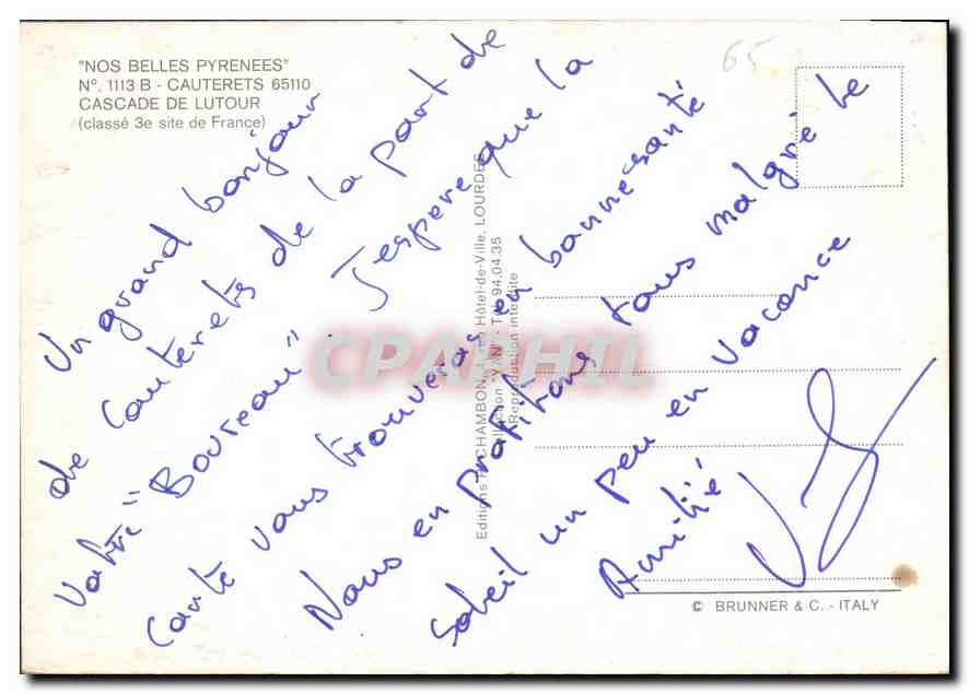 Cascade de Lutour — Cauterets — Éditeur Brunner & C. - ITALY, N° 1113 B — Verso