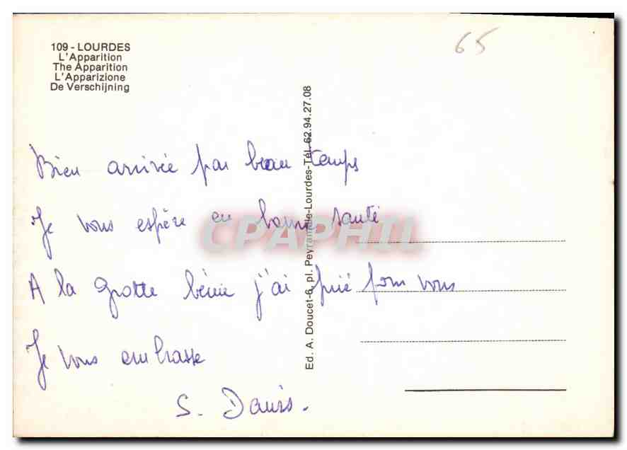 Lourdes — L'Apparition — Ed. A. Doucet & Cie, pl. Peyratin, Lourdes, n° 109 — Verso