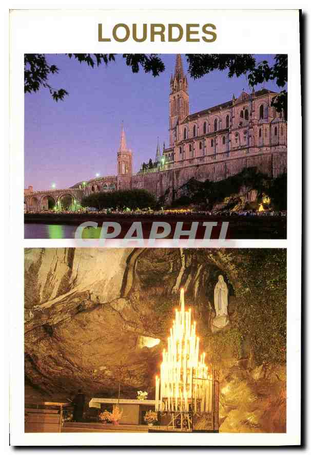 CPM Souvenirs de Lourdes La Basilique le soir La Grotte le soir 
