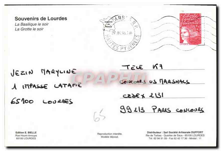 CPM Souvenirs de Lourdes La Basilique le soir La Grotte le soir  — Verso