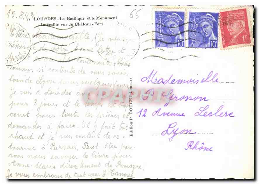 CPM Lourdes La Basilique et le Monument Interaillie vus du Chateau Fort  — Verso