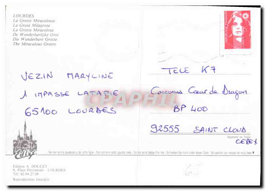 CPM Lourdes La Grotte Miraculeuse  — Verso