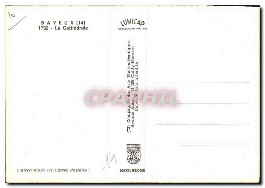CPM Bayeux La Cathedrale  — Verso