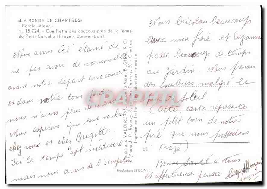 CPM La Ronde de Chartres Cercle laique Cueilette des coucous pres de la ferme du Petit Carcahu Fraze — Rückseite