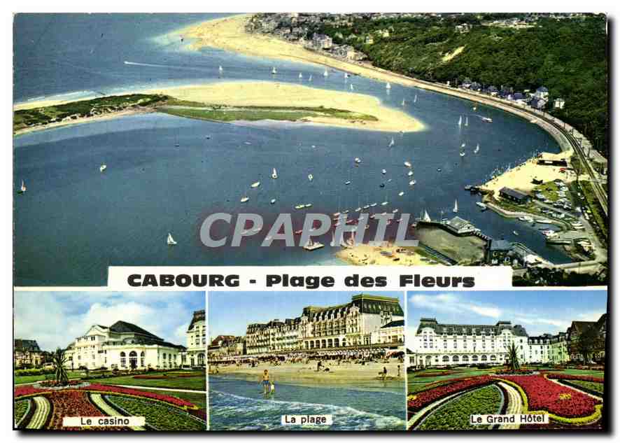 Cabourg - Plage des Fleurs — vue aérienne et trois vignettes (Le casino, La plage, Le Grand Hôtel) — éditeur Couleurs Naturelles, n° XR 108/2
