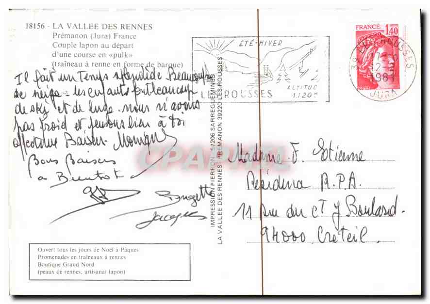 La Vallée des Rennes — Prémonon (Jura) — Impression Pierron — Verso