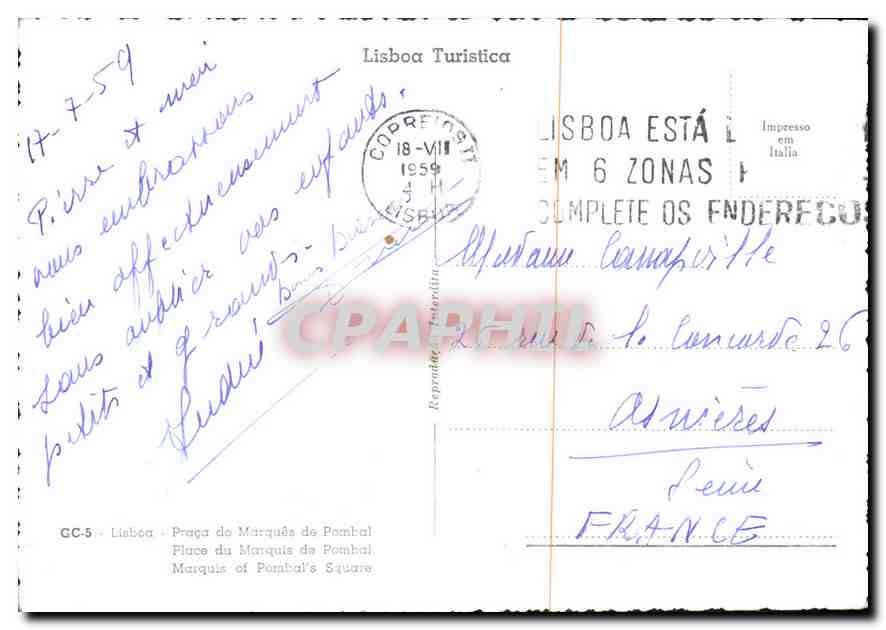CPM Lisboa Place du Marquis de Pombal  — Rückseite