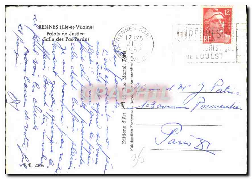 Palais de Justice — Salle des Pas-Perdus — Éditions d'Art — Verso