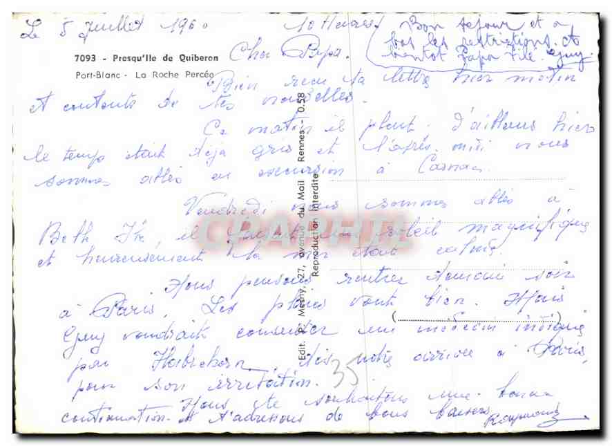 CPM Presqu'lle de Quiberon Port Blanc La Roche Perceo  — Rückseite