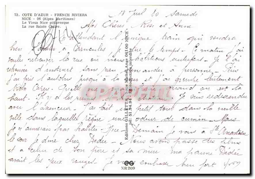 Nice - La rue Sainte-Claire — vue pittoresque — Éditions GILLETTE, n° XR209 — Verso