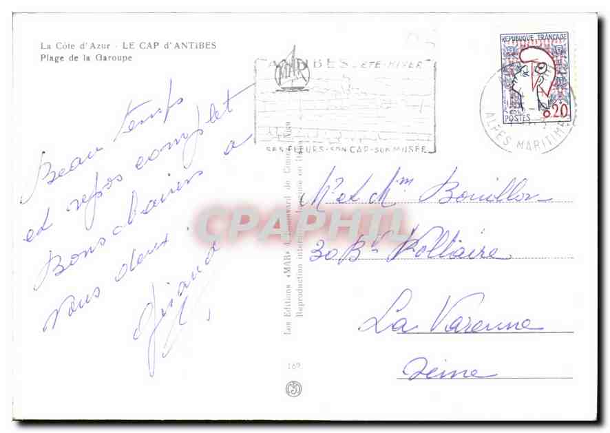 CPM La Cote d'Azur Le Cap Martin d'Antibes Plage de la Garoupe  — Verso