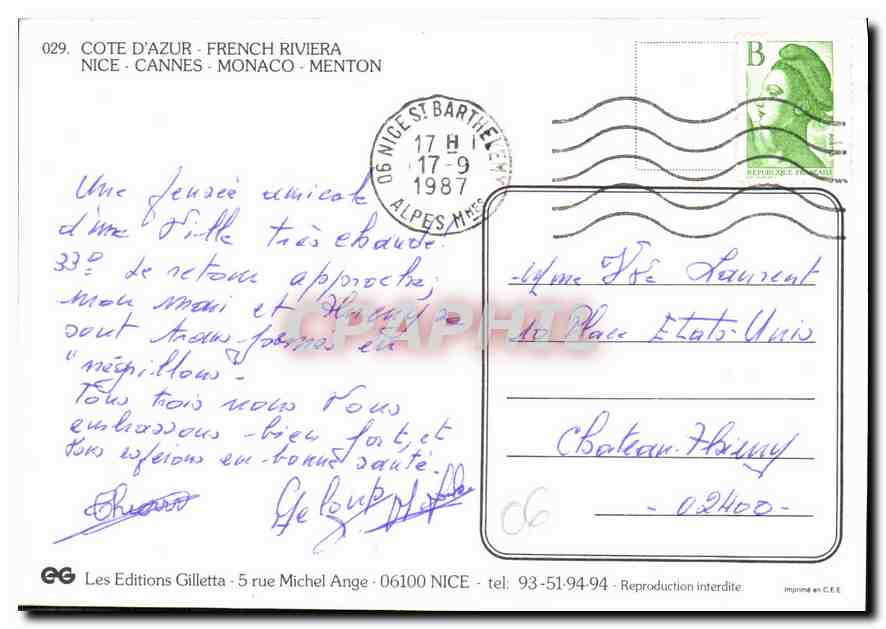 CPM Cote d'Azur French Riviera Nice Cannes Monaco Menton  — Verso