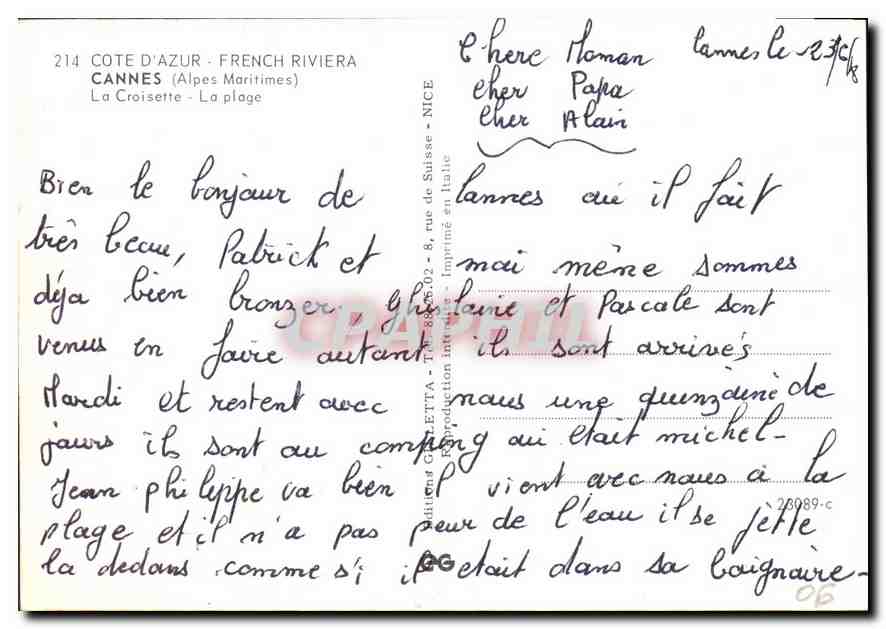 Cannes — vue panoramique et plage — éditeur Chelletta, n°214 — Verso