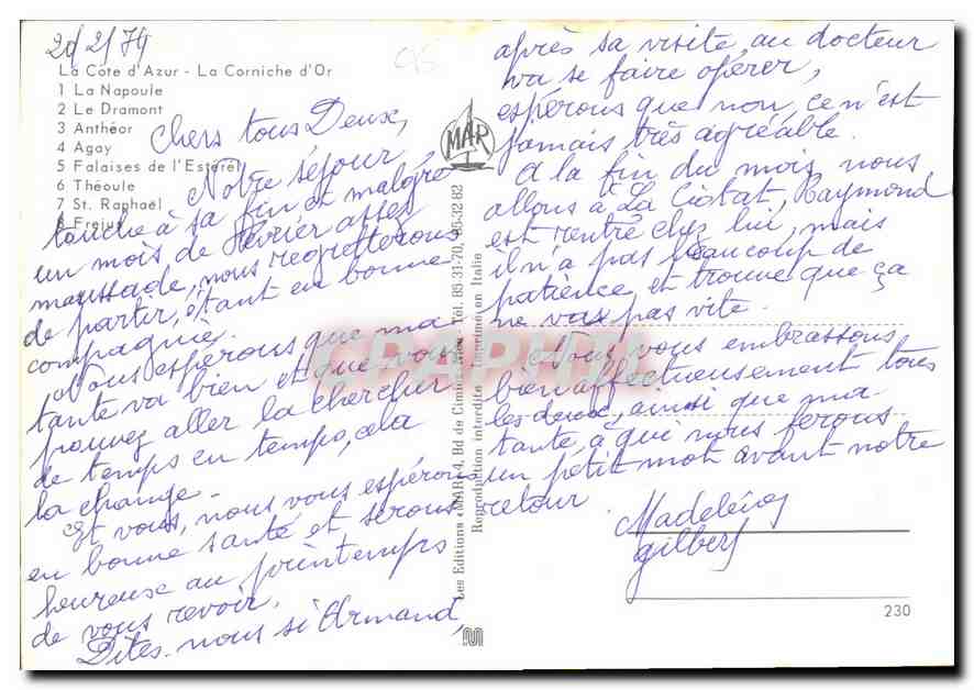 CPM La Cote d'Azur La Corniche d'Or  — Verso
