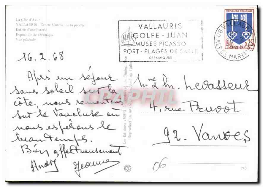 CPM La Cote d'Azur Vallauris Centre Mandial de la poterie  — Rückseite