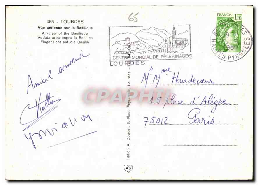 CPM Lourdes Vue aerienne sur la Basilique  — Verso