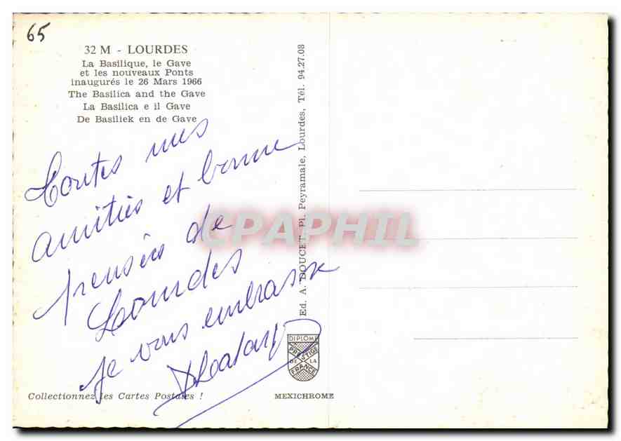Lourdes — La Basilique, le Gave et les nouveaux ponts — Éd. A. DOUCET, n°65 — Verso
