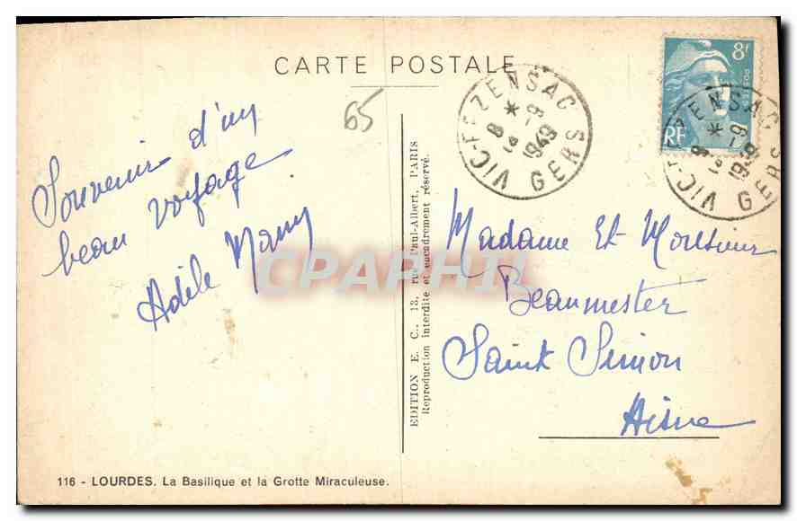 CPM Lourdes La Basilique et la Grotte Miraculeuse  — Verso