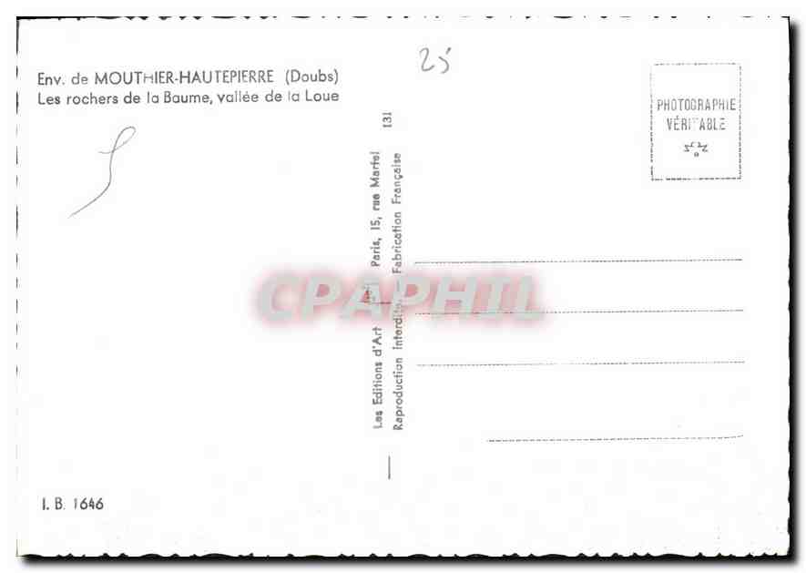 Env. de MOUTHIER-HAUTEPierre (Doubs) — Les rochers de la Baume, vallée de la Loue — Les Editions d'Art, Paris — Achterkant