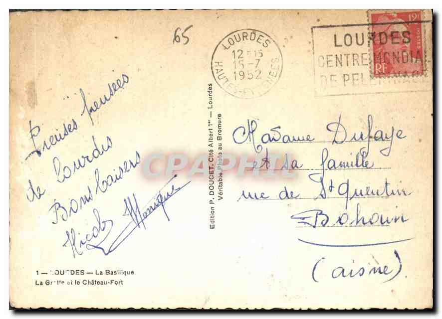 Lourdes — Souvenir de Lourdes — Édition P. DOUCET, Cité Albert 1er, Lourdes — Verso