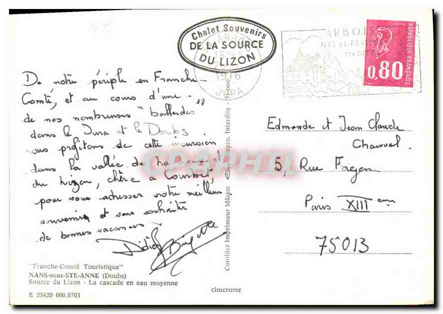 CPM Franche Comte Pittoresque Touriste Nans sous Ste Anne Doubs Source du Lizon La Cascade en eau mo — Rückseite