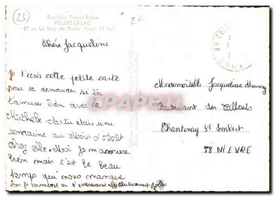 Chute d'eau — Frontière Franco-Suisse — VILLERS-LE-LAC, 87 — Édition Photo Malin, Tél. 110 — Inclut photo — Verso