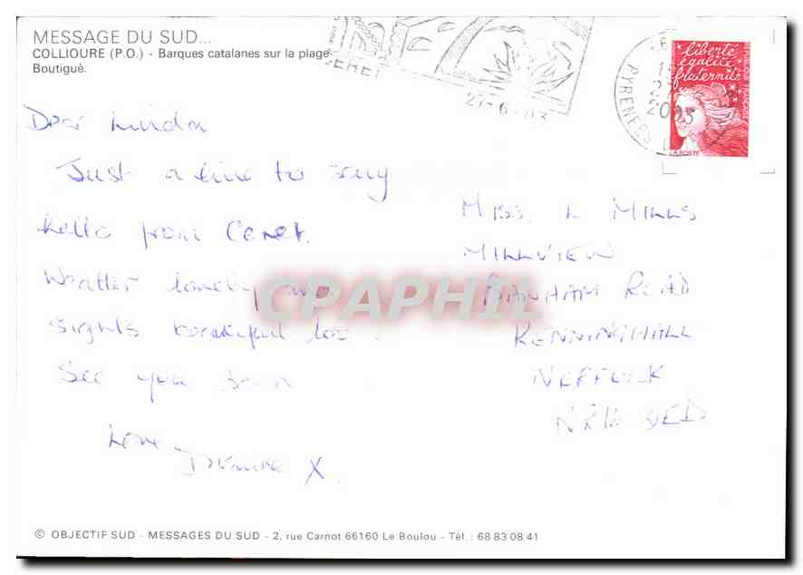 CPM Message de Sud Collioure Barques catalanes sur la plage Boutique  — Back