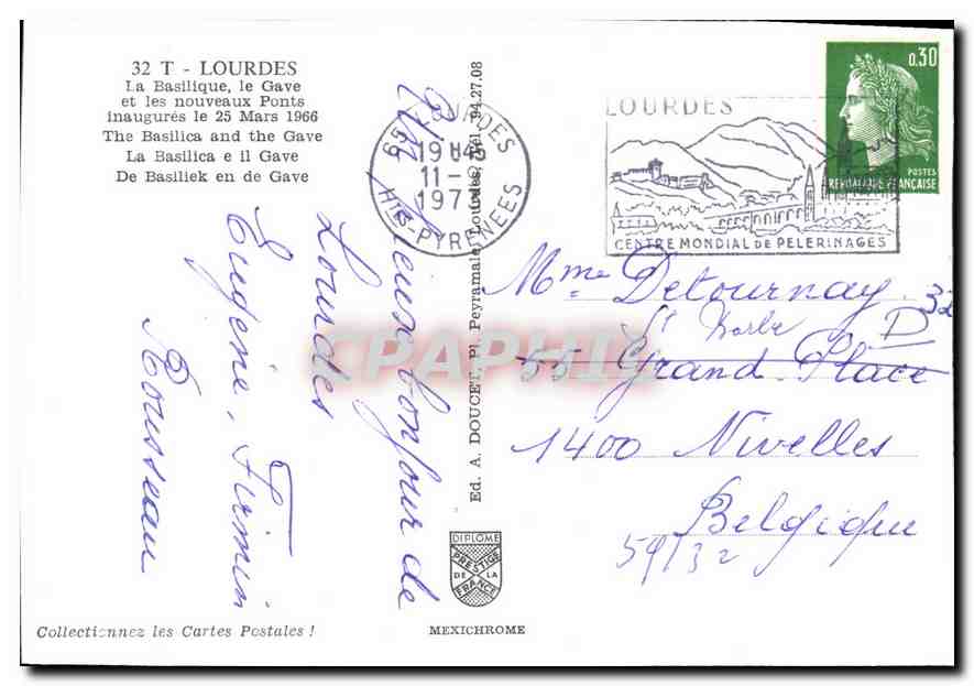 CPM Lourdes La Basilique le Gave et les nouveaux Ponts inaugures le Mars 1966  — Verso