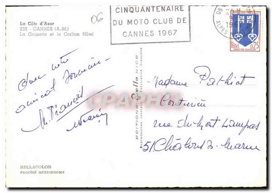 CPM La Cote d'Azur Cannes La Croisette et le Carlton Hotel  — Rückseite