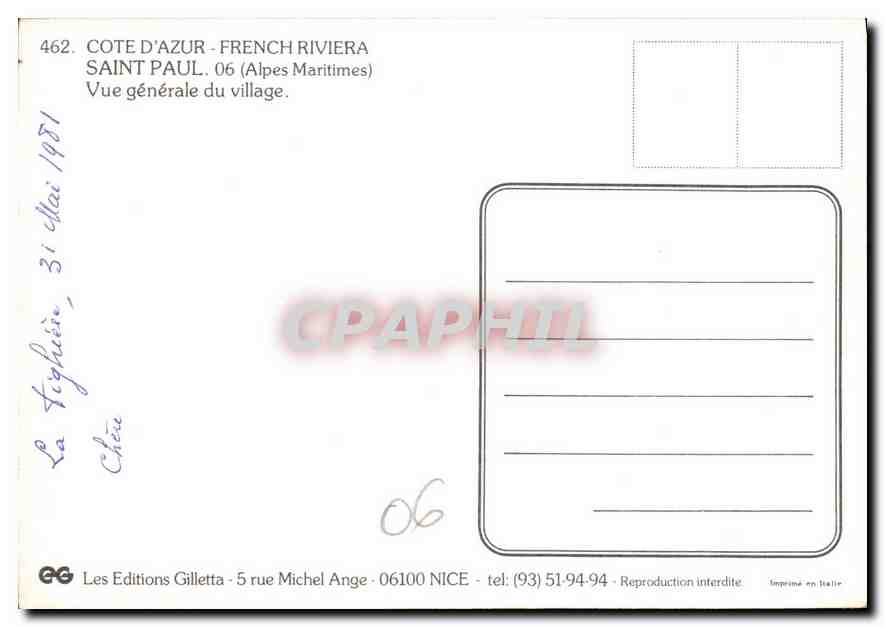 CPM Cote d'Azur French Riviera Saint Paul Alpes Maritimes Vue generale du Village  — Rückseite