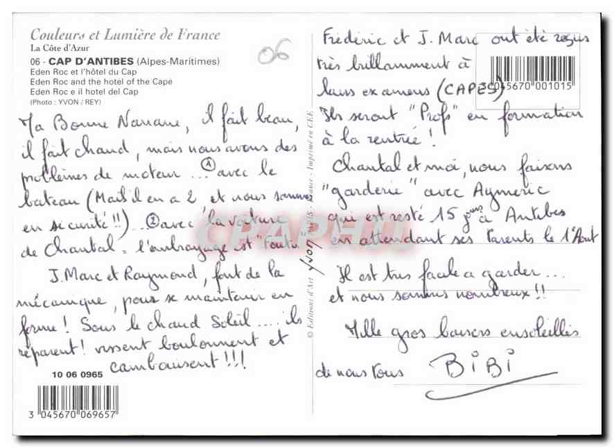 Cap d'Antibes — Hôtel Eden Roc — Éditeur Yvon / Rey, n° 06 — Verso