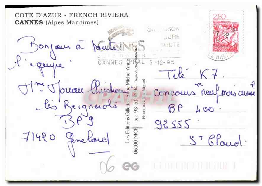 Cannes - Côte d'Azur — vue aérienne nocturne — Éditions Gillette — Verso