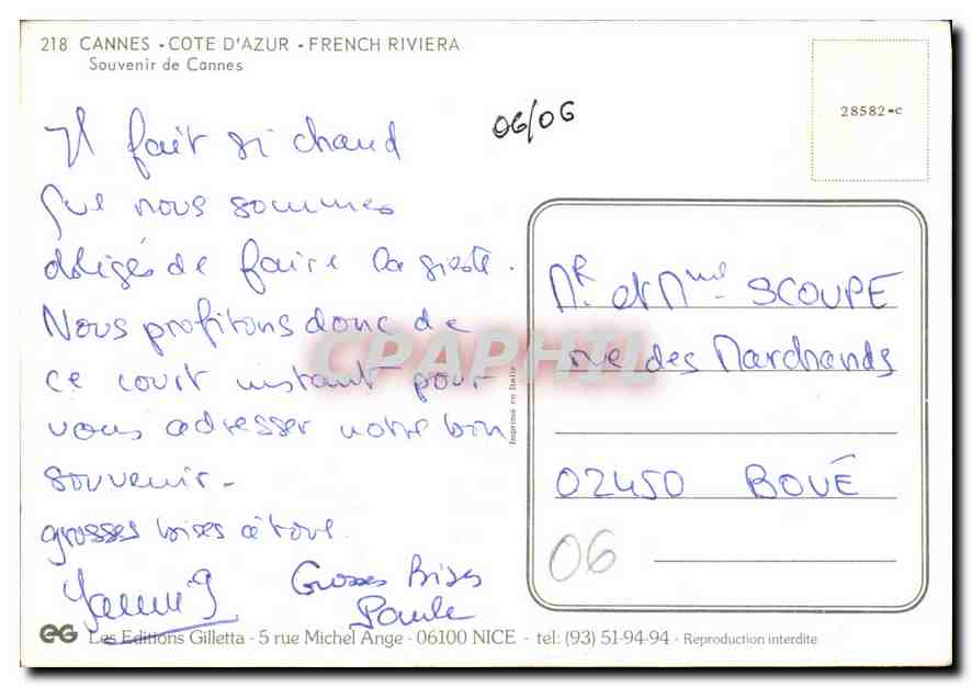 Cannes — Côte d'Azur — Éditeur Gilletta, n° 218 — Verso