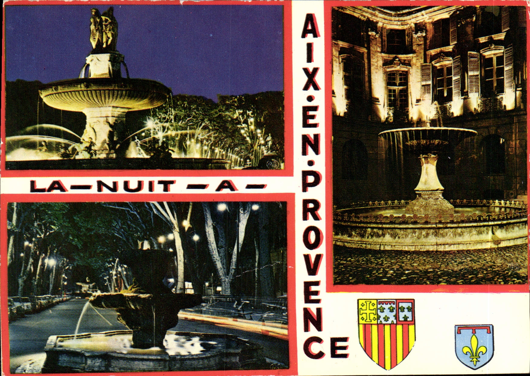 Nacht in Aix-en-Provence — drei nächtliche Szenen mit Fontänen und Architektur — Editions Cité du Roy René