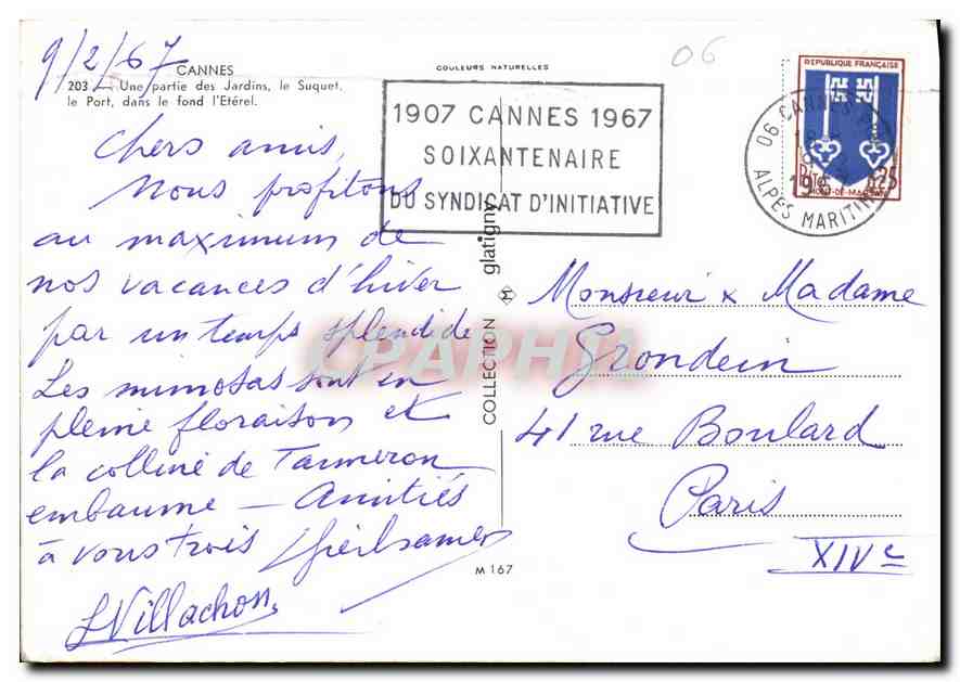CPM Cannes Une partie des Jardins le Suquet le Port dans le fond l'Esterel  — Verso