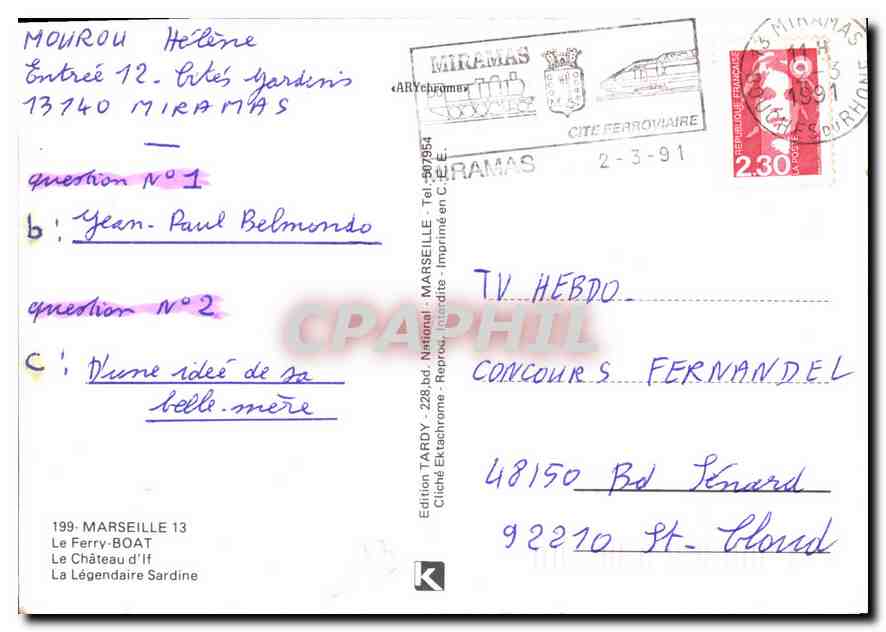 CPM Marseille Le Ferry Boat Le Chateau d'If La Legendaire Sardine  — Verso