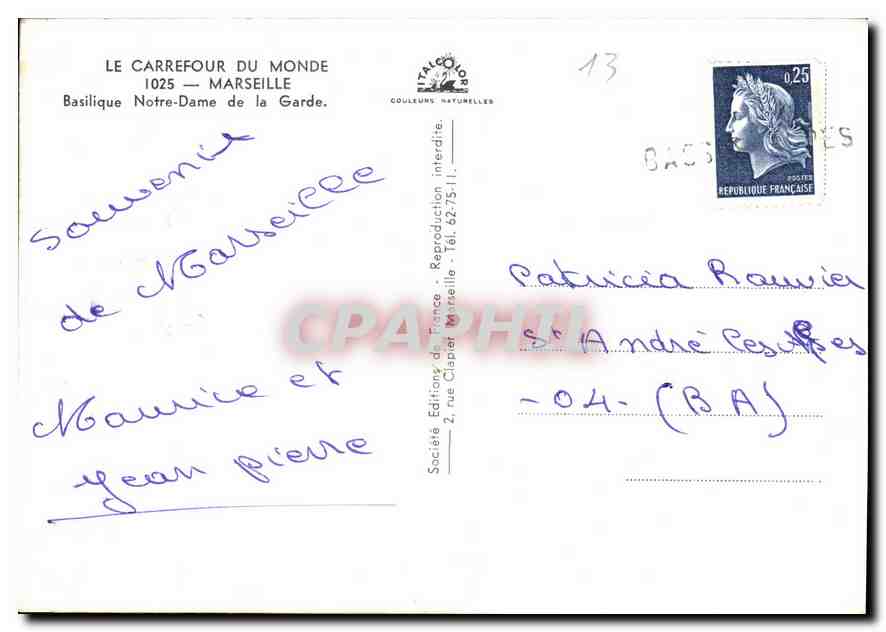 CPM Le Carrefour du Monde Marseille Basilique Notre Dame de la Garde  — Rückseite