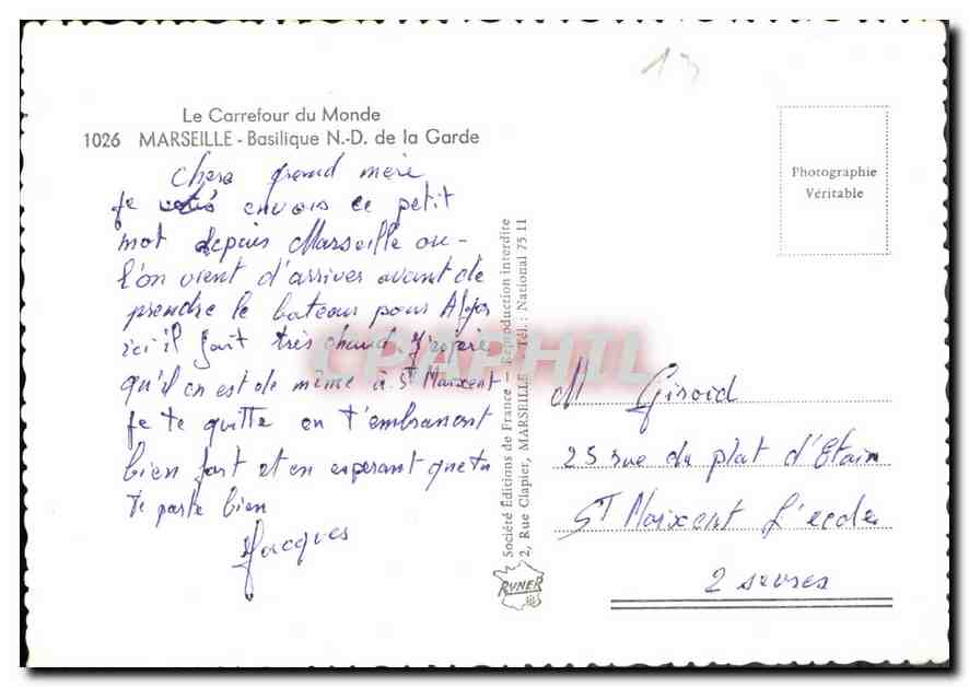 CPM Marseille Basilique ND de la Garde  — Rückseite