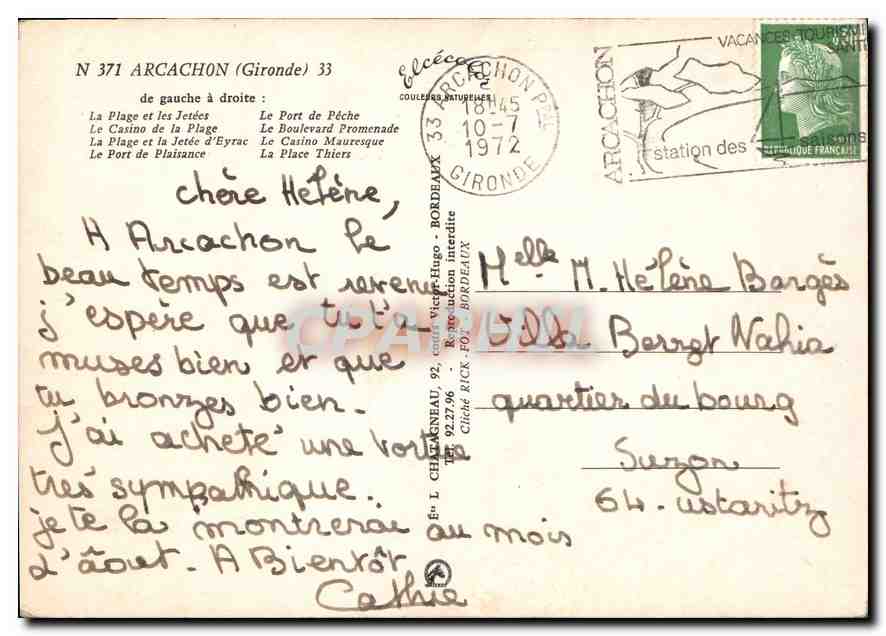 CPM Arcachon Gironde de fauche a droite la plage et les Jetees le Port de Peche le Casino de la Plag — Rückseite