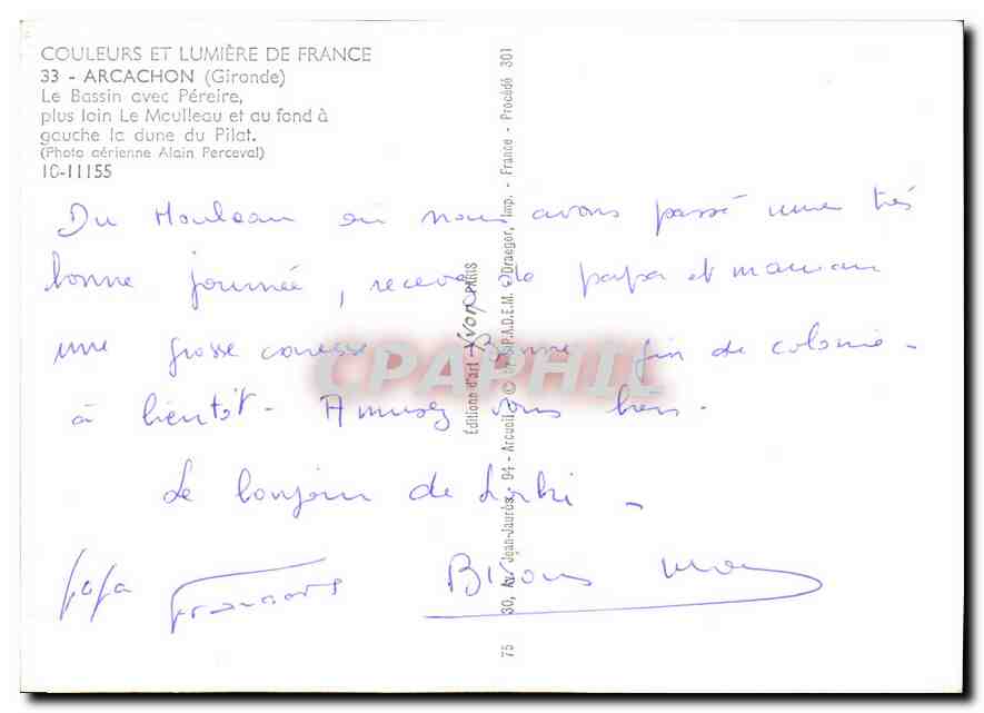 Arcachon — Le Bassin avec Pèreire, dune du Pilat en arrière-plan — Éditions Alain Perceval, série IC-11155 — Achterkant