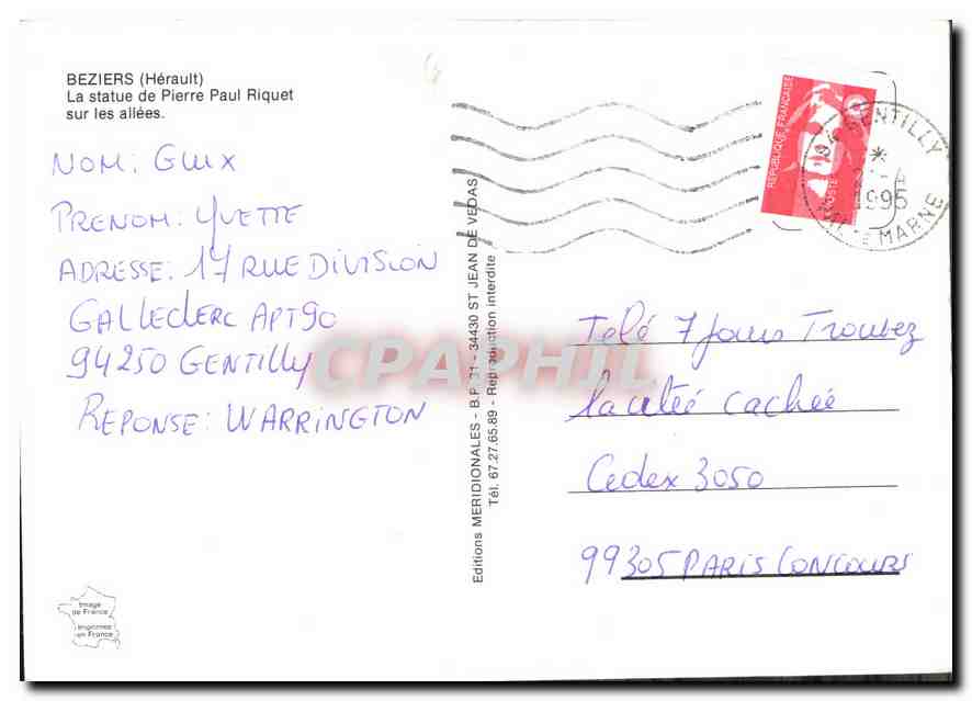 Wéziers — Statue de Pierre Paul Riquet — Éditions Méridionales — Verso