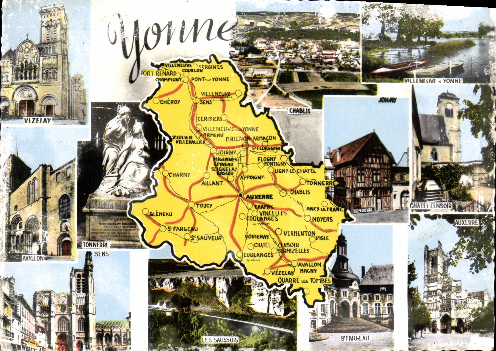 Yonne — Carte postale touristique avec carte et photos de lieux — IMP. MAGON (71, S. S. L.)