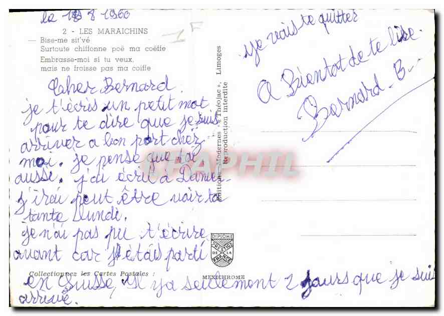 CPM Les Maraichins Bise me sit've Surtoute chlifonne poe ma coeffe Embrasse moi si tu veu mais ne fr — Rückseite